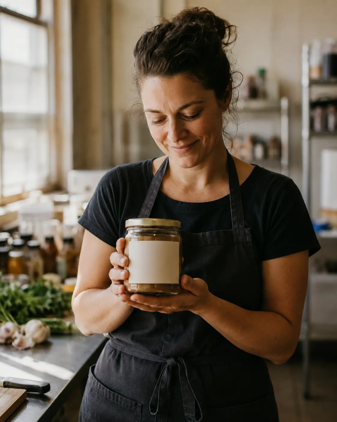 A home-kitchen cottage-food baker holding a jar of jam with its nutrition label